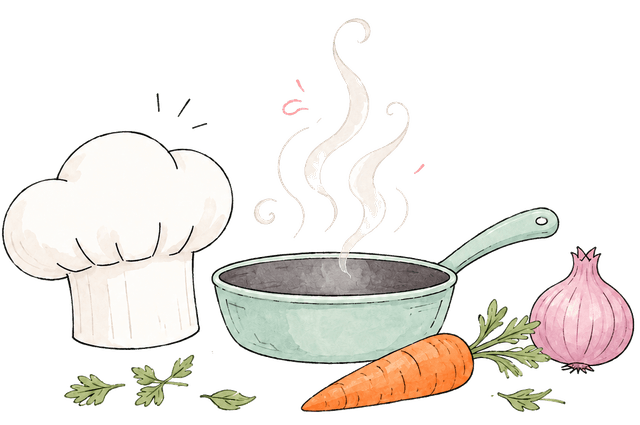 Chef's Kiss mascot cooking in a pan